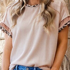 Leopard Patchwork Corded Knit Crew Neck T Shirt